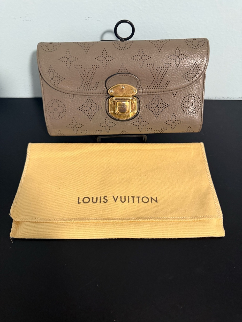 Louis Vuitton “Mahina Amelia” Taupe Perforated Monogram Wallet with Gold Clasp!